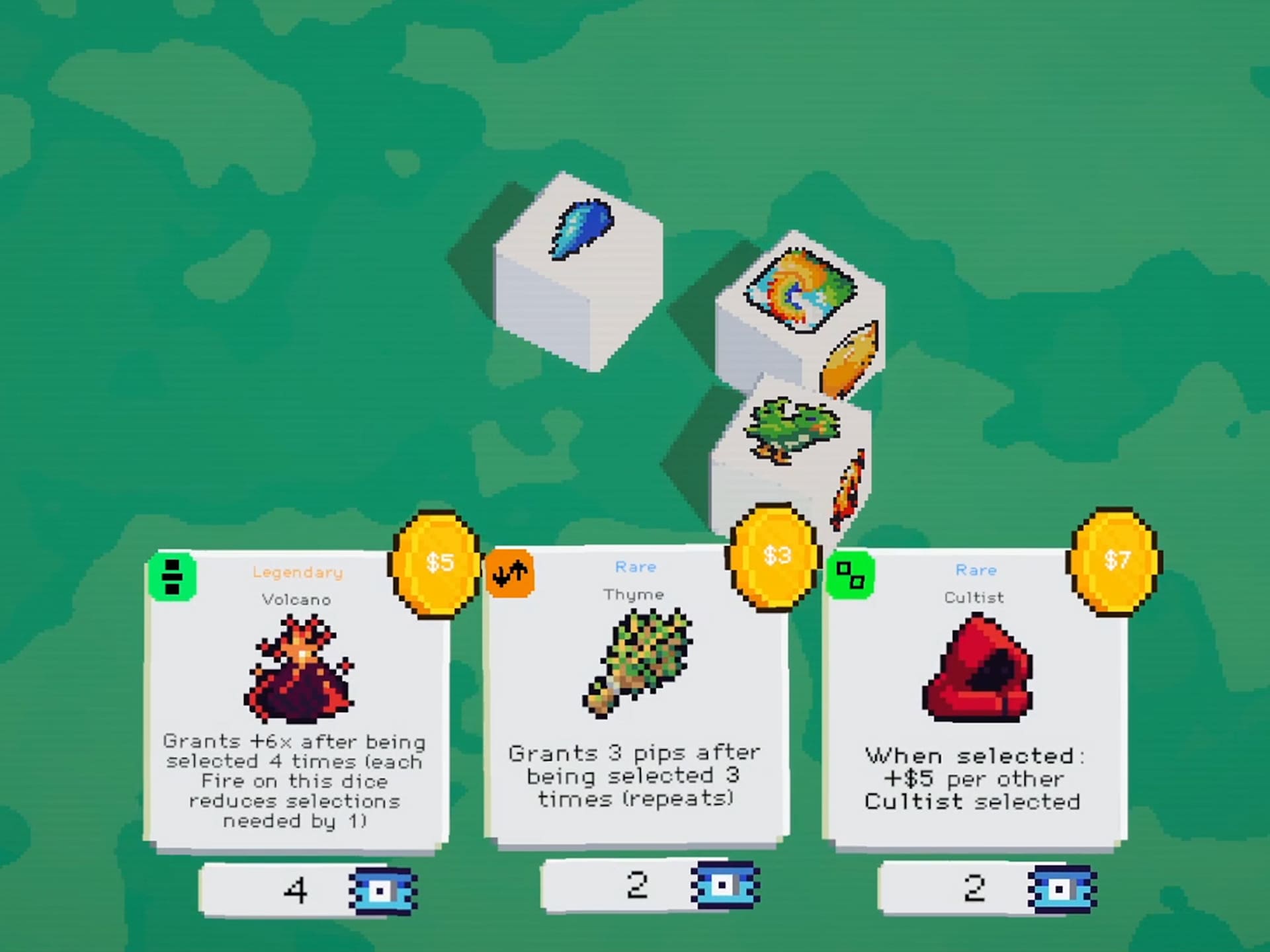 Zbliżenie shopu Payroll Dice z kartami Volcano, Thyme i Cultist